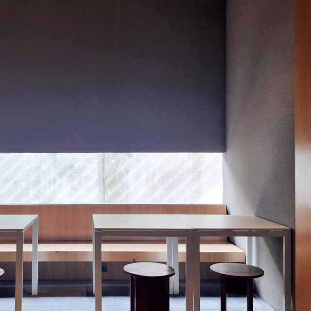 Minimalist workshop interior with beige and brown upholstery materials neatly arranged