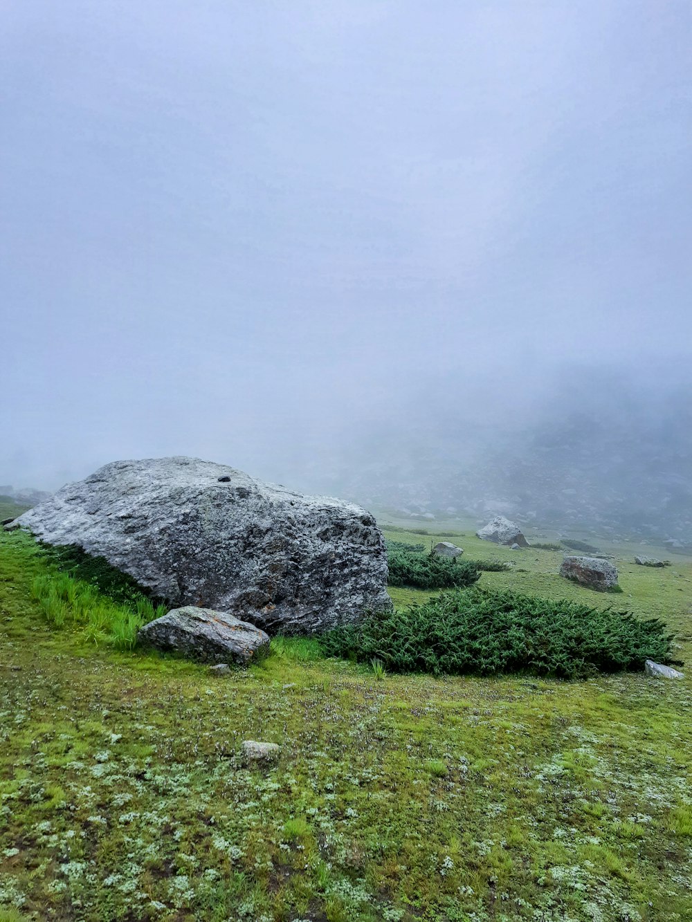 a large rock sitting on top of a lush green field