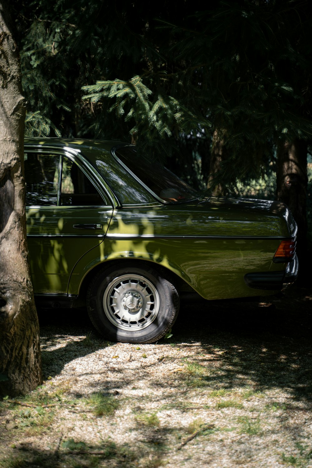 a green car parked next to a tree