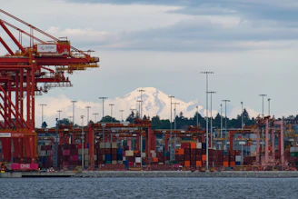 Stacked red and green maritime containers under a bright sky at a busy port.