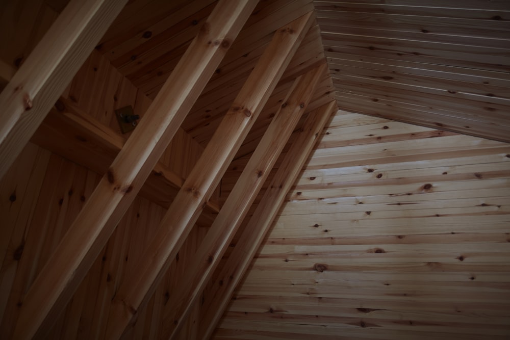 a room with wooden walls and a ceiling