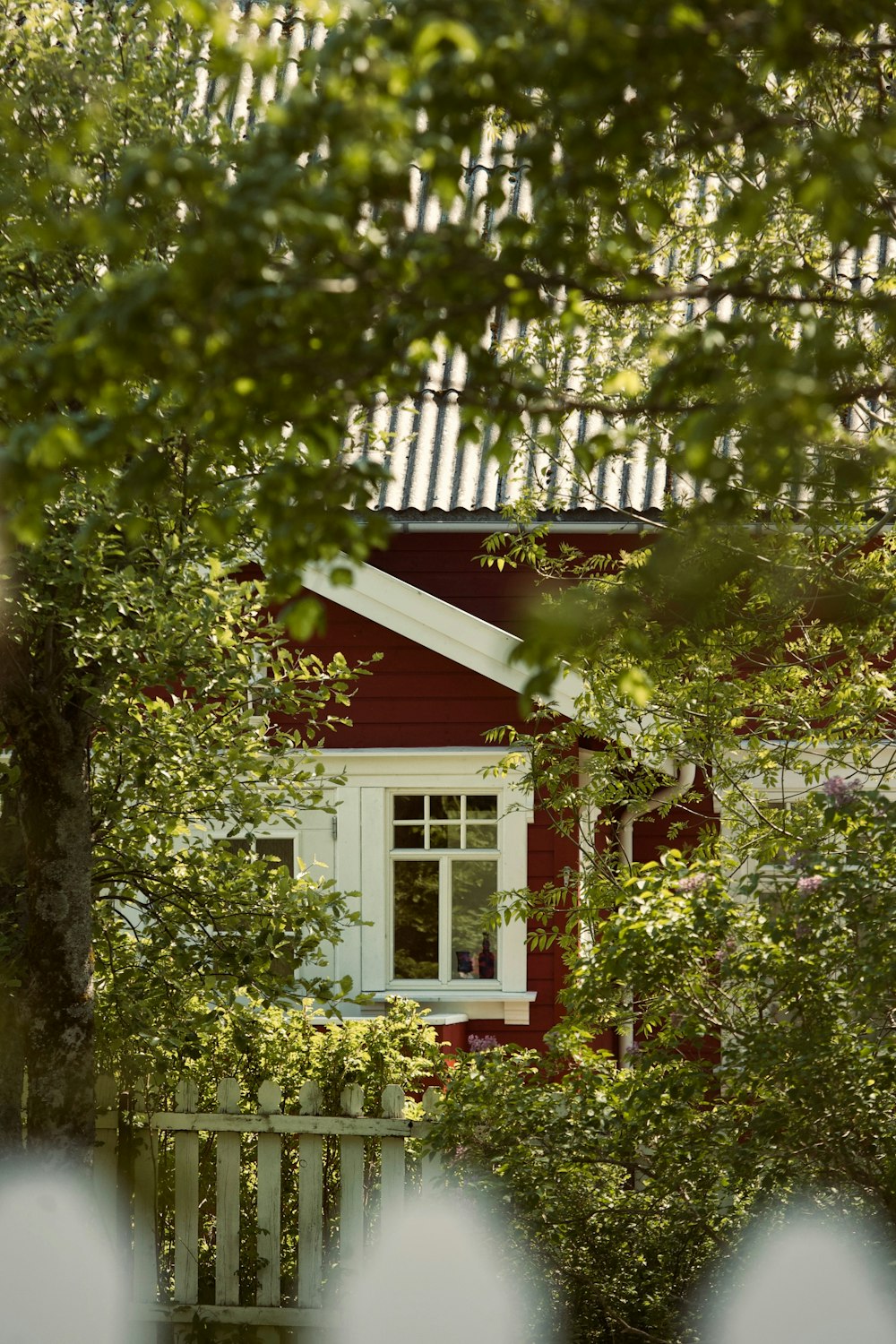 a red house with a white window and a white picket fence