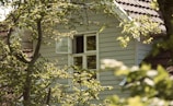 A window on the side of a house is partially obscured by leafy branches from nearby trees. The house has light-colored wooden siding and a roof with dark shingles. Sunlight filters through the leaves, casting dappled shadows on the wall.