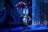 A colorful, cartoon-style animal character stands confidently holding a red umbrella. The character is covered in floral patterns and appears to be in a whimsical environment with shiny, curtain-like strands in the background. The lighting is primarily blue with some contrasting orange and purple tones.