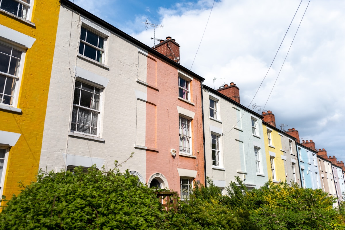 Colourful terraced houses on a British residential street