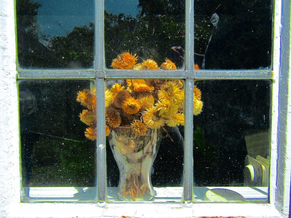 um vaso cheio de flores amarelas sentado em frente a uma janela