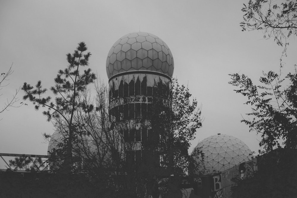 a black and white photo of two domes