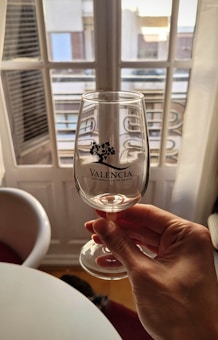 A hand is holding a clear wine glass with the text 'Valencia Denominación de Origen' printed on it. The background shows a window with multiple panes and a view of buildings outside. Sunlight creates a warm ambiance, casting soft shadows.
