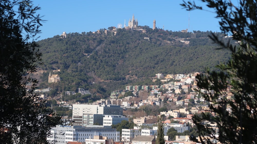 a view of a city with a hill in the background