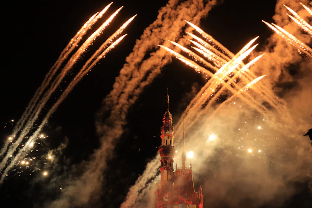 A breathtaking night wedding scene illuminated by a synchronized drone and fireworks show.