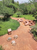 Green communal garden area with seating and walking paths.