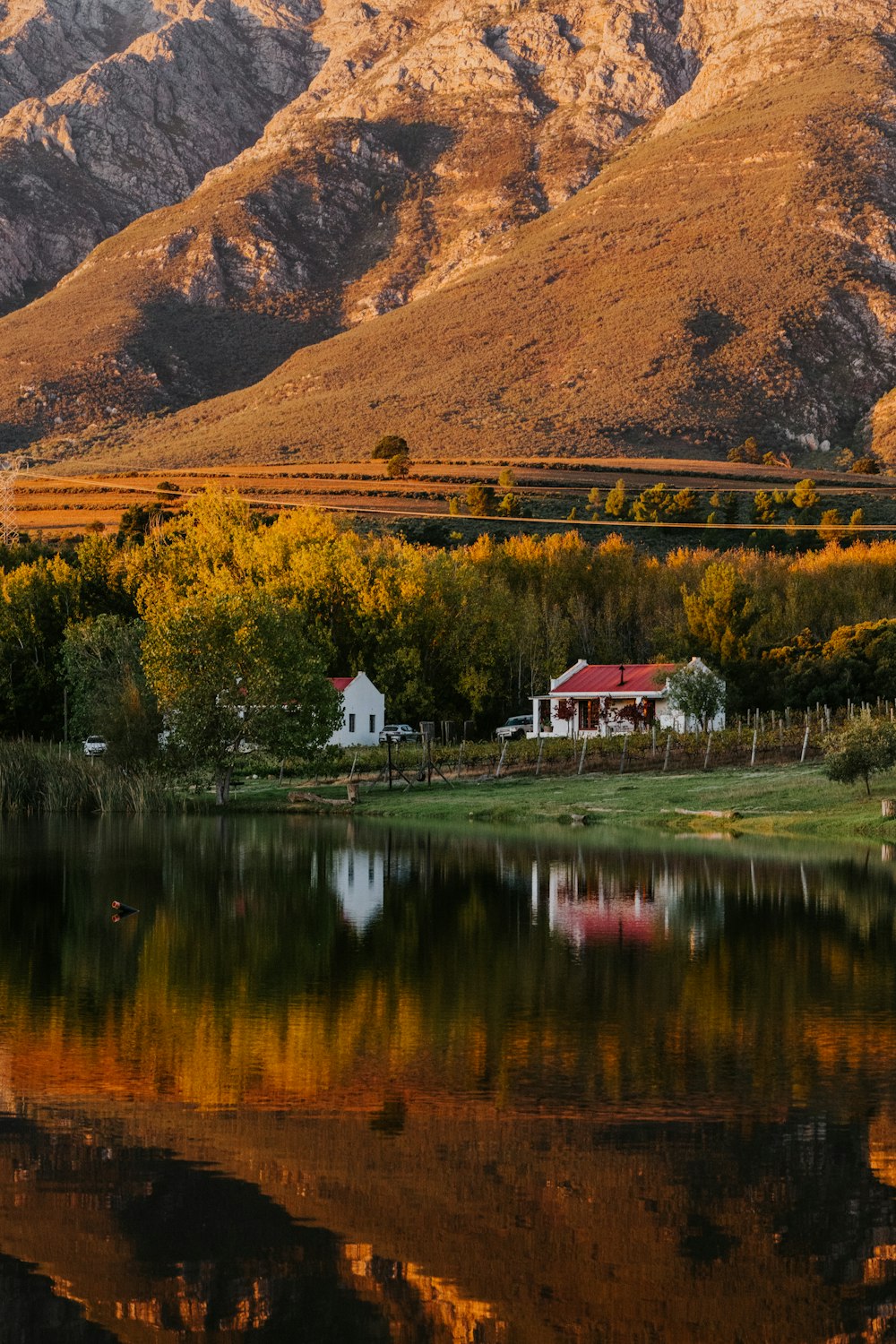 a house sits on the shore of a lake