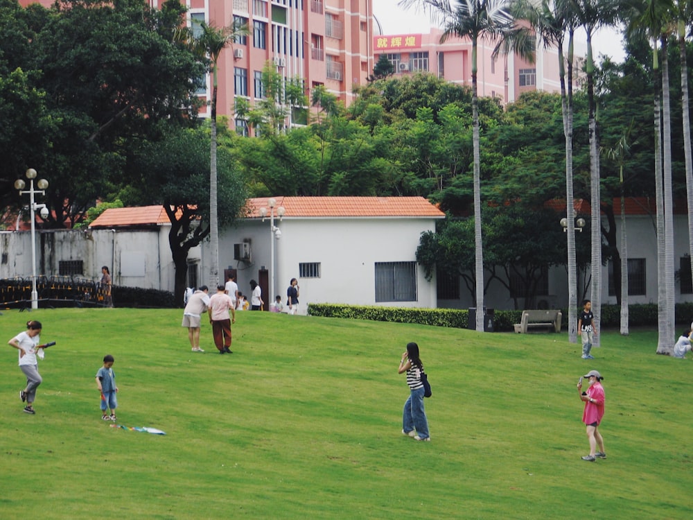 a group of people standing on top of a lush green field