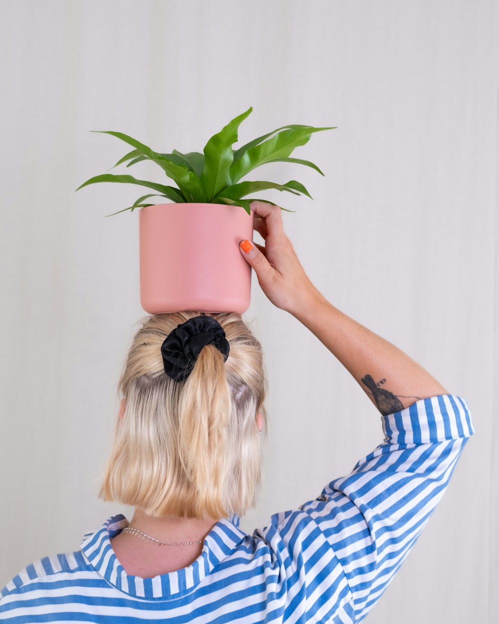 Una mujer sosteniendo una planta en maceta en su cabeza