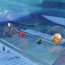 A futuristic scene featuring a person in dark attire standing in a water-like environment with a series of abstract, colorful symbols floating nearby. These symbols include a heart, a stopwatch, and a golden emblem. The background consists of geometric, grid-like structures in varying shades of blue.