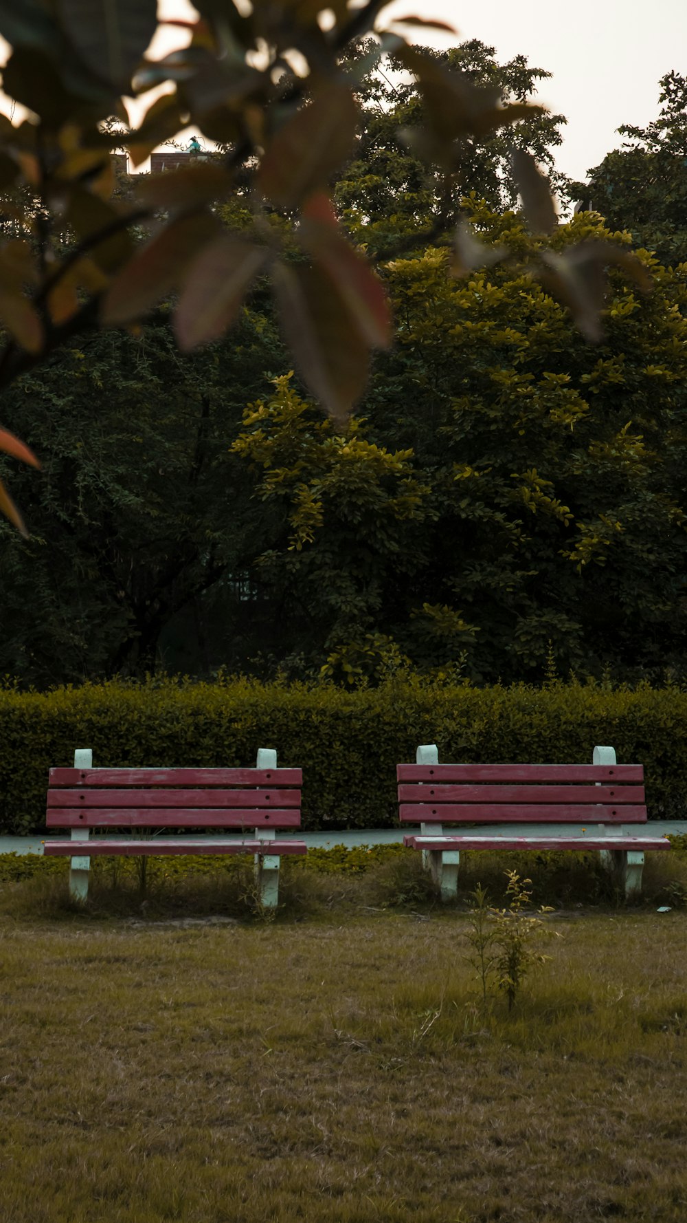 a couple of red benches sitting next to each other