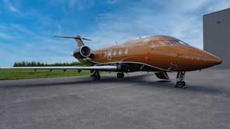 a brown airplane sitting on top of an airport tarmac