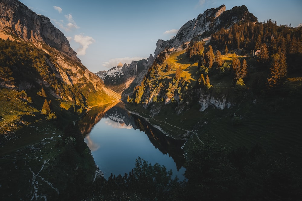 a lake surrounded by mountains in the middle of a forest