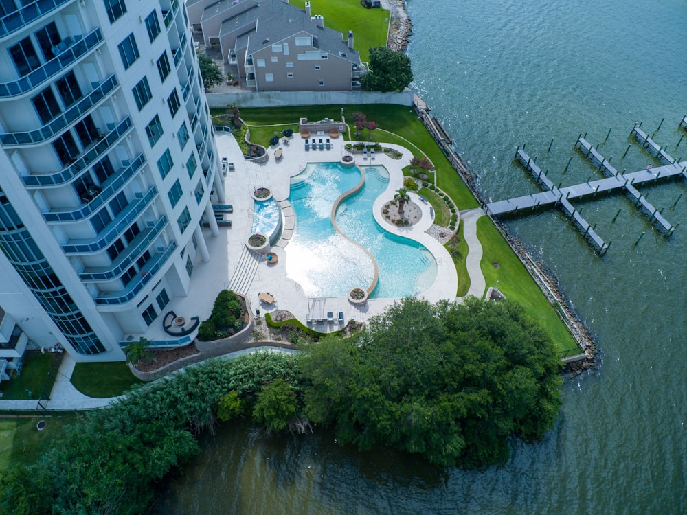 an aerial view of a large swimming pool