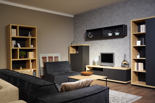 A modern living room with a combination of open and closed shelving units displaying various decorative items and books. The seating area consists of a dark grey sofa and armchairs with a light brown rug. A flat-screen TV is positioned on a low cabinet. There are also decorative vases, potted plants, framed pictures, and a wooden bowl on the coffee table.