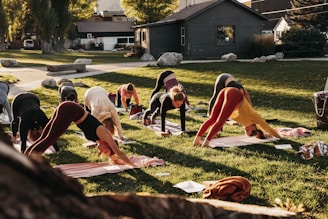 a group of people doing yoga in the grass