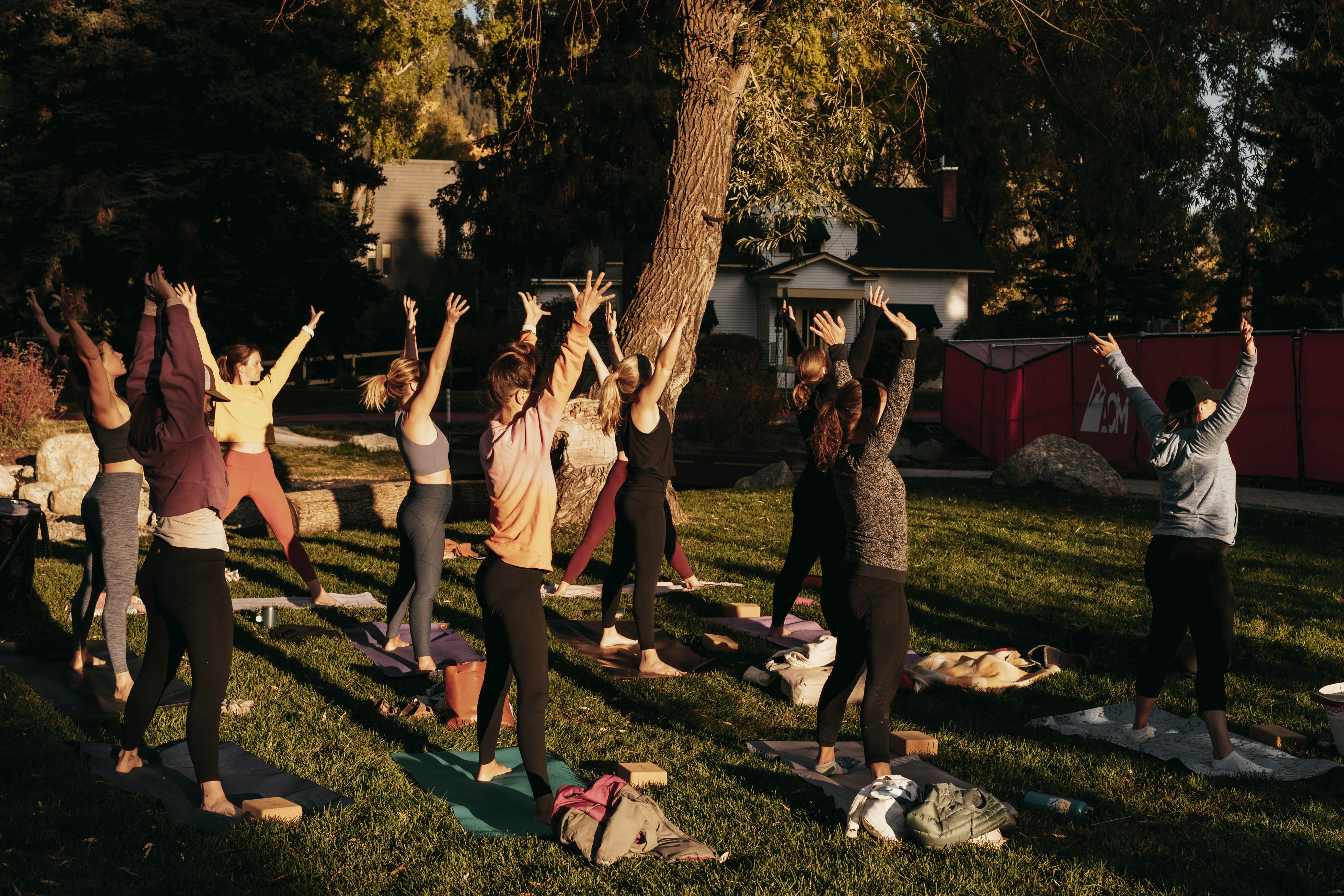a group of people doing yoga in a park