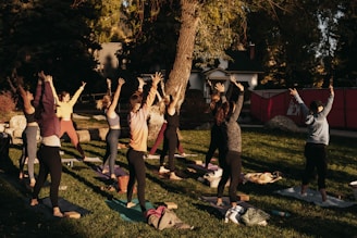 a group of people doing yoga in a park