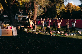 a group of people doing yoga in a park