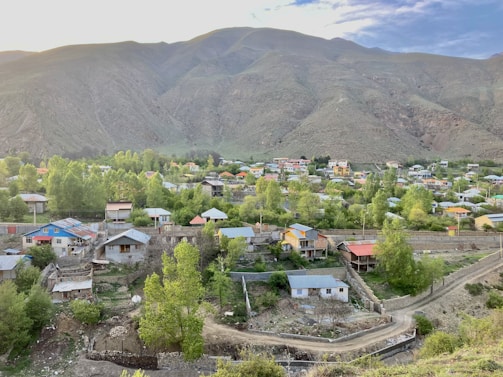 A picturesque village nestled in a valley surrounded by large, green-covered mountains. The village comprises numerous small houses with colorful roofs, and there is an abundance of trees and greenery interspersed among the buildings. A dirt road weaves through the village, creating a rustic and serene atmosphere.