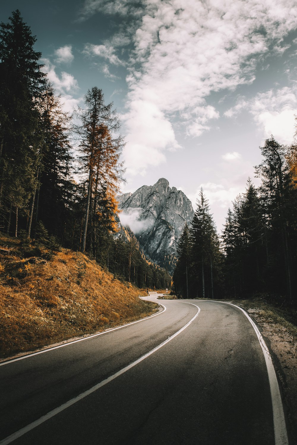 a road with a mountain in the background