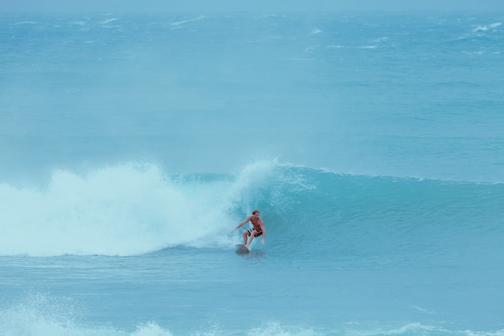 a man riding a wave on top of a surfboard