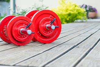 two red dumbbells sitting on a wooden deck