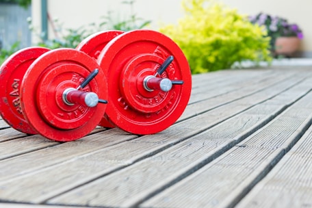 two red dumbbells sitting on a wooden deck