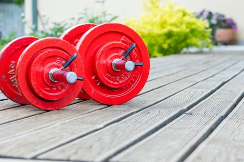 Two vibrant red dumbbells placed on a wooden deck outdoors, with a lush green plant and a pot of flowers in the blurred background.