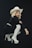 A woman with blonde hair is posing in a squatting position. She is wearing a large white cowboy hat, a black outfit, and white high-heeled thigh-high boots. Her makeup includes striking red lipstick, and she has a confident expression.