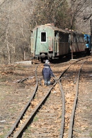A small child dressed in winter clothing walks along old train tracks covered with dried leaves. The tracks lead toward a rusted, abandoned train carriage surrounded by bare trees, suggesting a late autumn or early winter scene.