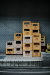Warehouse with neatly stacked crates labeled for export.