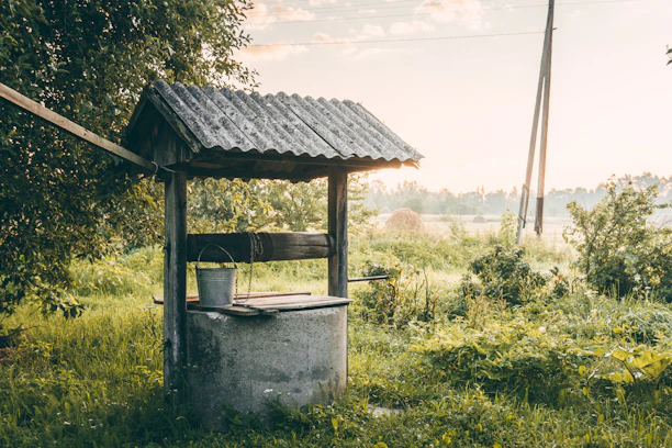 Technician inspecting a water well pump in a rural setting during sunrise.