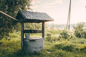 A rustic water well with a wooden roof, surrounded by lush greenery and a serene rural landscape. The setting sun casts a warm glow over the scene, enhancing the peaceful ambiance.