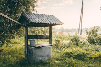 A rustic water well with a wooden roof, surrounded by lush greenery and a serene rural landscape. The setting sun casts a warm glow over the scene, enhancing the peaceful ambiance.
