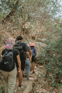 a group of people hiking up a trail