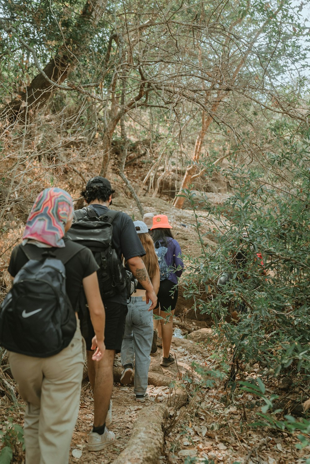 a group of people hiking up a trail