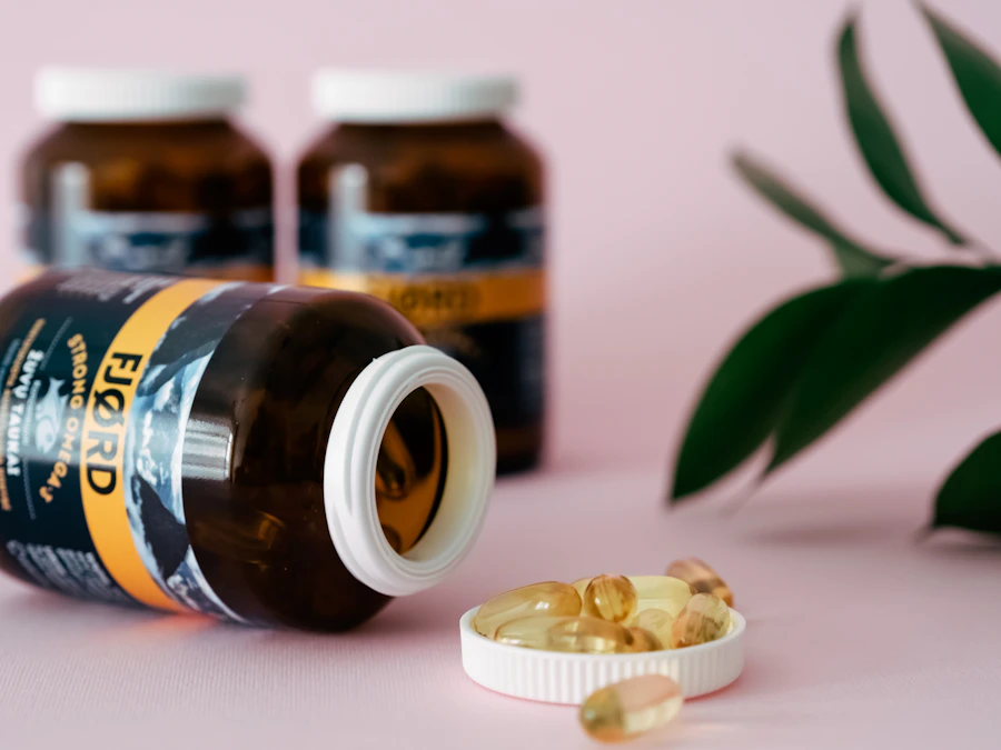 Medication bottle and capsules arranged beside a plant
