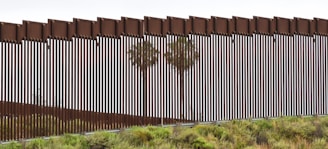 a tall metal fence next to a lush green hillside