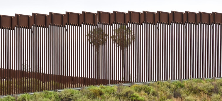 a tall metal fence next to a lush green hillside