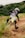 A motorcyclist navigating a dirt track on a motocross bike. The person is wearing full protective gear, including a helmet and a black and white jersey. The environment is natural, with grass and greenery in the background along a winding dirt path.