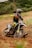 A motocross rider aggressively leans into a turn on a dirt track. The rider is wearing protective gear including a helmet and colorful suit, and the motorcycle's wheels are kicking up dirt as it speeds through the curve. The background features lush greenery, suggesting an outdoor setting.