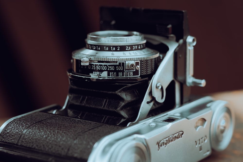 a close up of a camera on a table