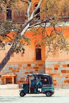 A colorful auto rickshaw is parked in front of a historical building with ornate windows and a stone facade. A large tree with winding branches creates a textured contrast against the building's warm tones.