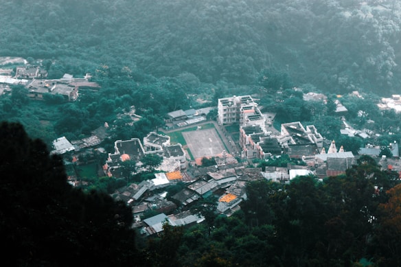 A small town or village nestled in a lush, green forested area. The scene includes several buildings of varying sizes, some of which are multi-storied. There is a noticeable open rectangular area, possibly a sports field or community space, amid the structures. The buildings are surrounded by dense greenery and trees, with more forested hills in the background fading into mist.